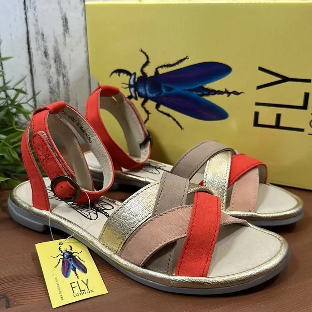 FLY London Cune Leather Multi-Strap Sandals Size 35‎